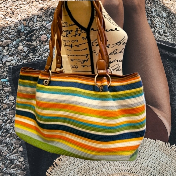 Straw Stripped Shoulder Bag - Picture 1 of 7